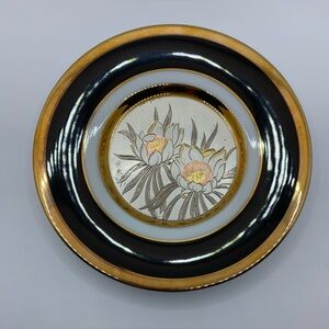 "The Art of Chokin" 24K GOLD EDGED Decorative Black Floral Flower Plate Japan